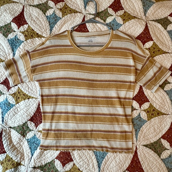 American Eagle Outfitters Striped T Shirt Waffle Knit Lettuce Hem Crew Neck - Picture 2 of 5